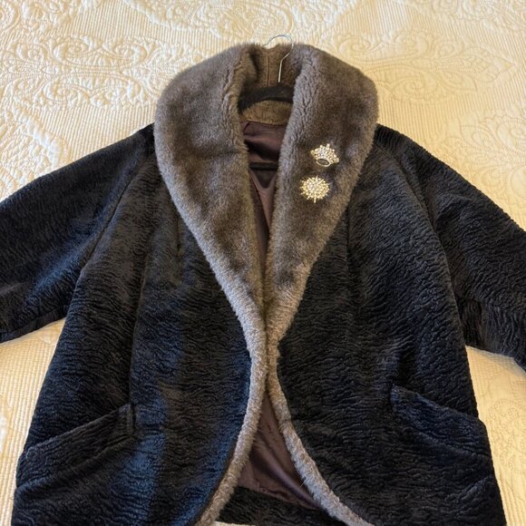 1960s AUTHENTIC vintage black velvet faux fur cropped jacket women's M / L - Picture 5 of 8